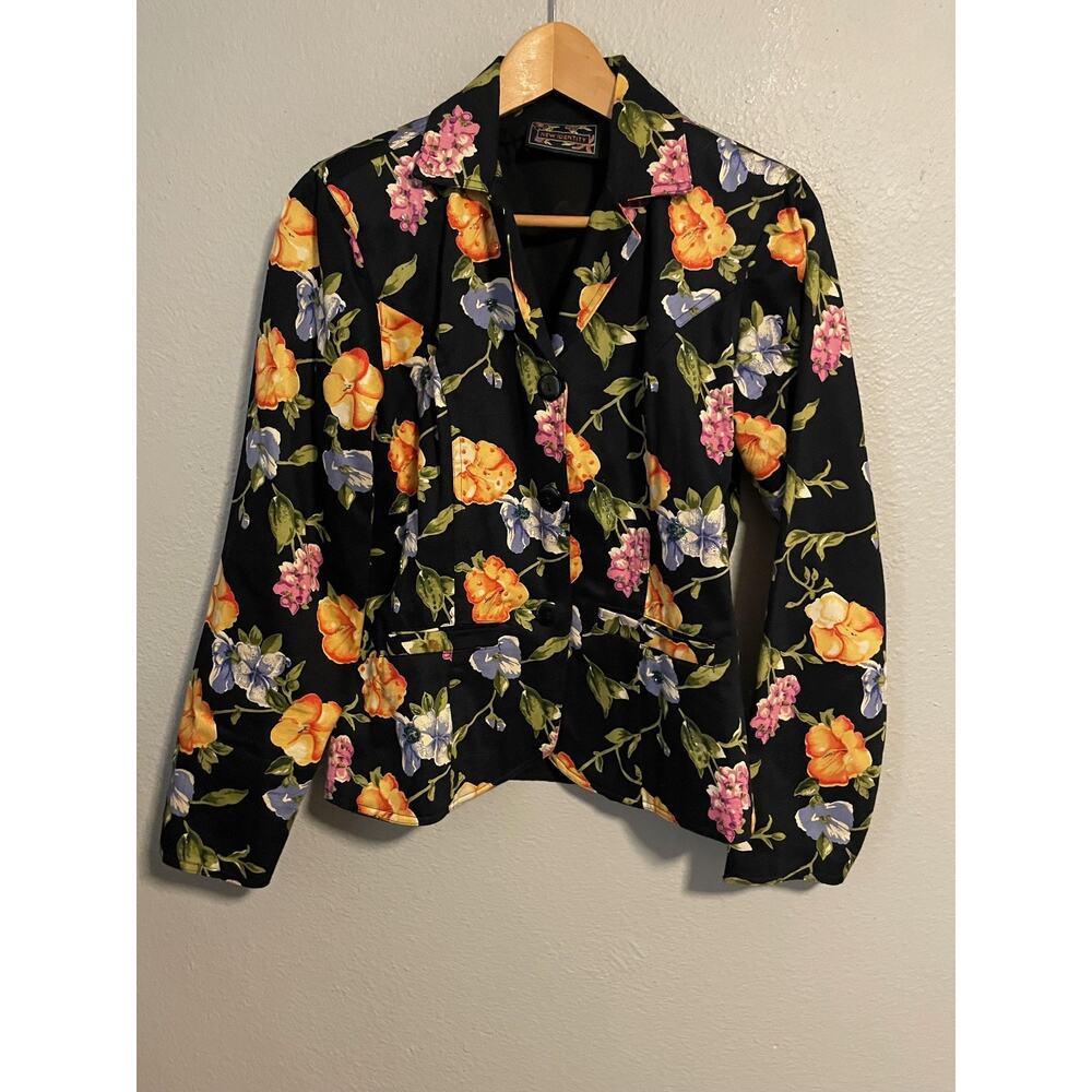 Vintage New Identity Blazer Jacket Womens Medium Floral Beaded Artsy Boho 90s